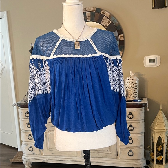 Free People Royal Blue Blouse with White Embroidery - Picture 1 of 6